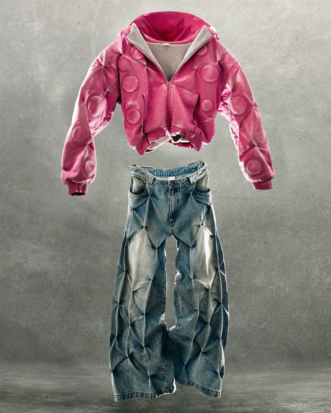 PADDED ZIP-UP HOODIE + DENIM PANTS