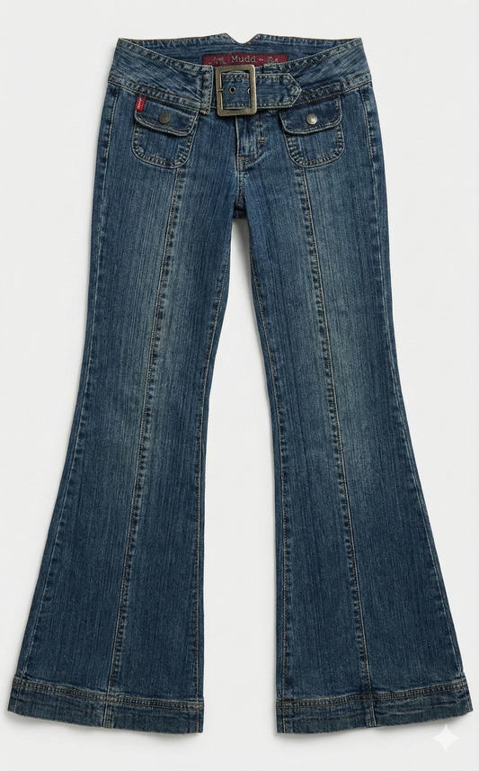 Low-Rise Belted Flare Jeans